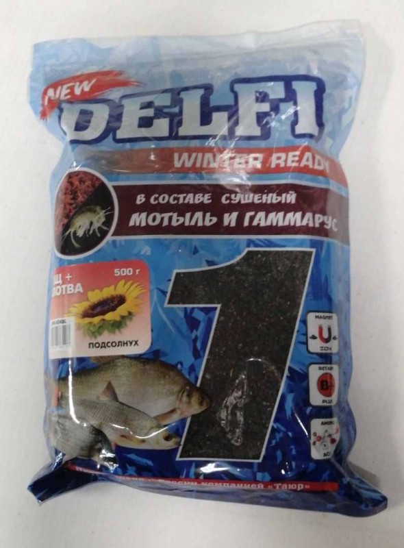 Прикормка зимняя готовая DELFI ICE Ready (лещ + плотва; подсолнух, черная, 500 г)